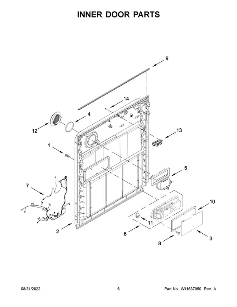 Inner Door Parts Diagram and Parts List for WDF331PAMS0  Whirlpool Dishwasher