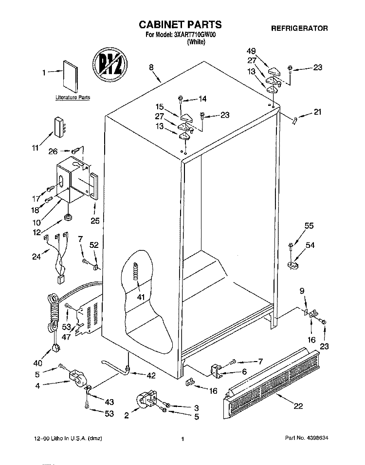 CABINET, LITERATURE Diagram and Parts List for 3XART710GW00  Whirlpool Refrigerator