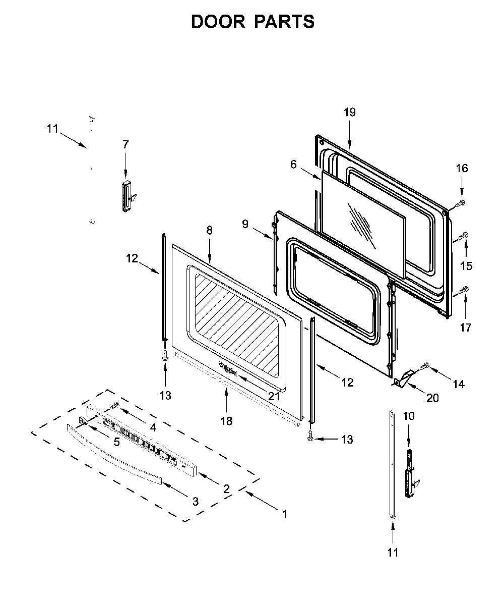 Door parts Diagram and Parts List for WFC150M0JW0  Whirlpool Range