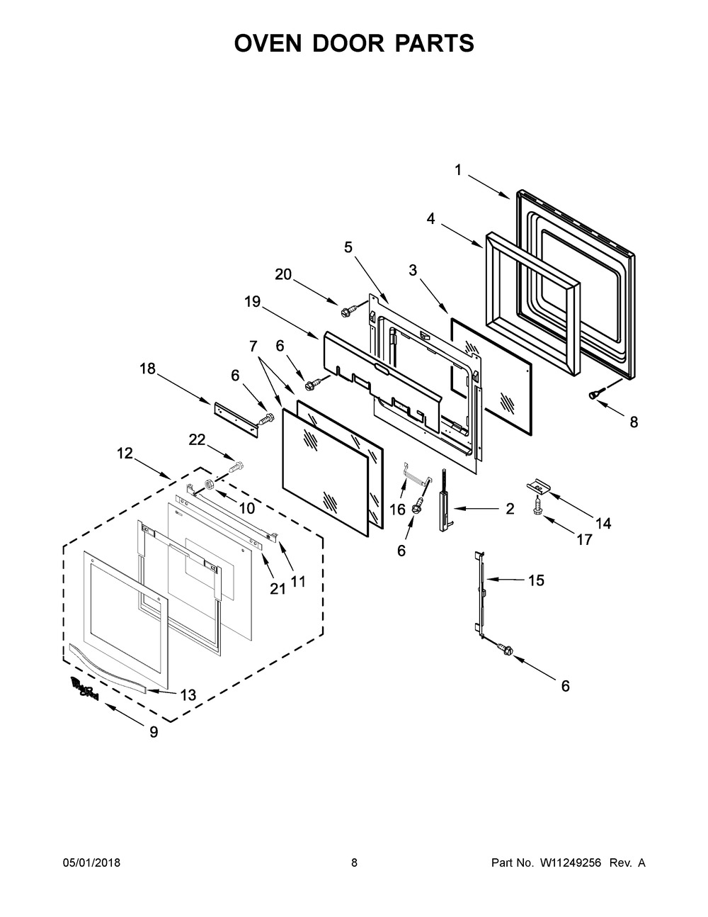 Oven Door Parts Diagram and Parts List for WOS51ES4EB01  Whirlpool Wall Oven