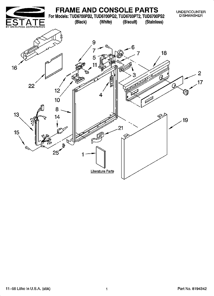 FRAME AND CONSOLE PARTS Diagram and Parts List for TUD6700PB2  Estate Dishwasher