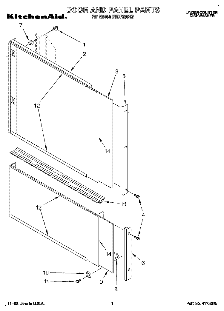 DOOR AND PANEL Diagram and Parts List for KUDP230Y2  KitchenAid Dishwasher