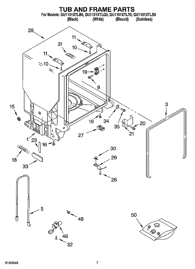 TUB AND FRAME PARTS Diagram and Parts List for GU1101XTLS0  Whirlpool Dishwasher