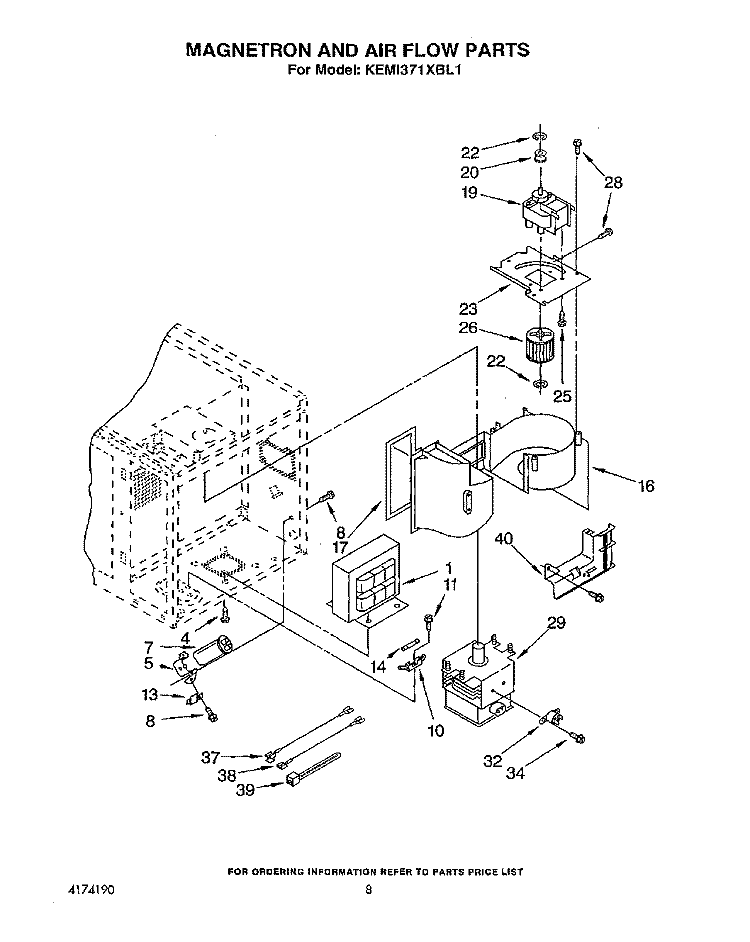 MAGNETRON AND AIR FLOW Diagram and Parts List for KEMI371XBL1  KitchenAid Microwave Oven Combo