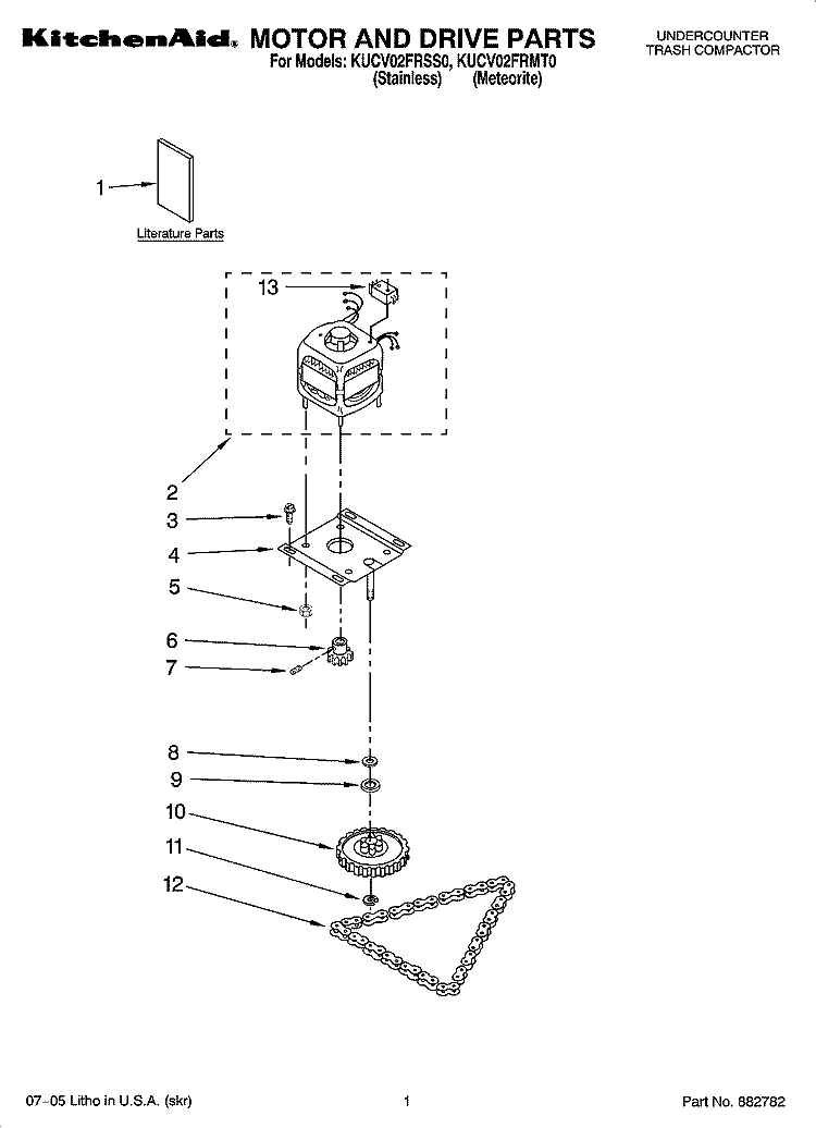 MOTOR AND DRIVE PARTS Diagram and Parts List for KUCV02FRSS0  KitchenAid Trash Compactor