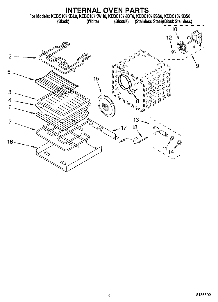INTERNAL OVEN Diagram and Parts List for KEBC107KBS0  KitchenAid Range
