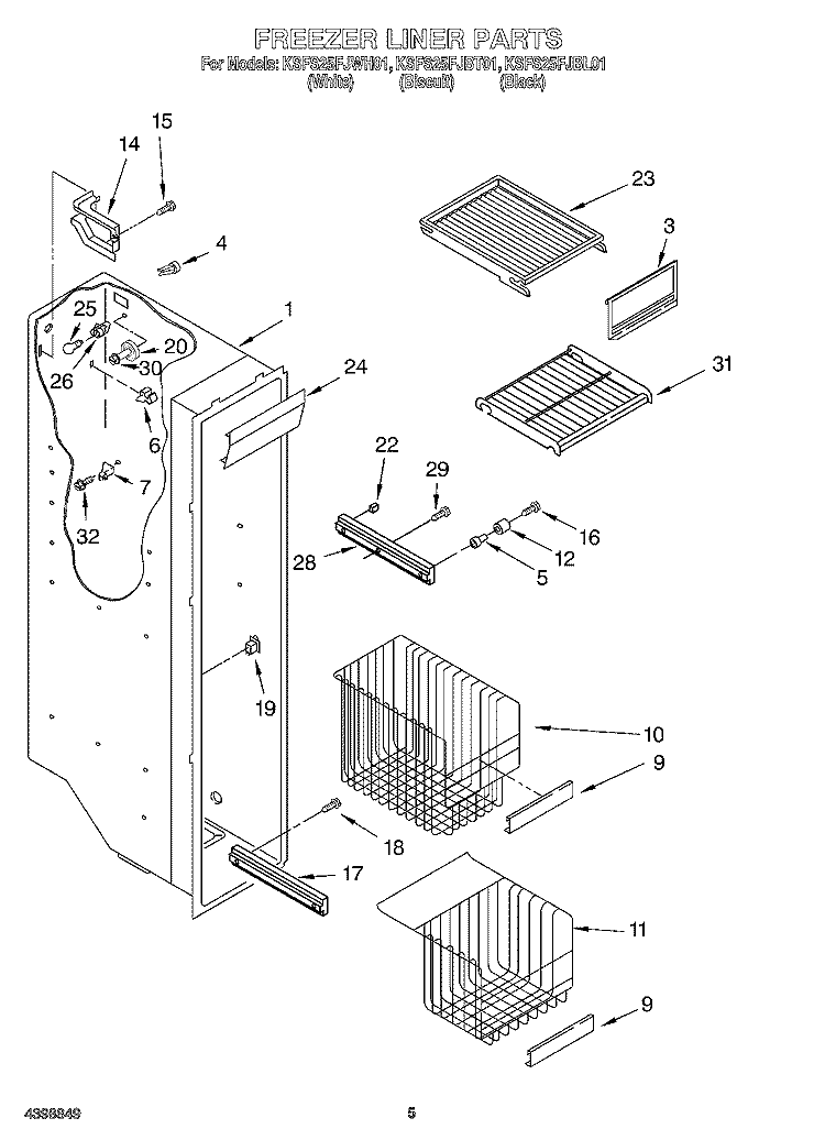 FREEZER LINER Diagram and Parts List for KSFS25FJBT01  KitchenAid Refrigerator