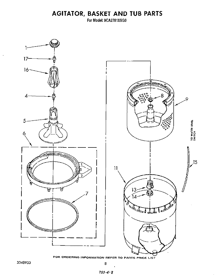 AGITATOR, BASKET AND TUB Diagram and Parts List for 9CA2781XSW0  Whirlpool Washer