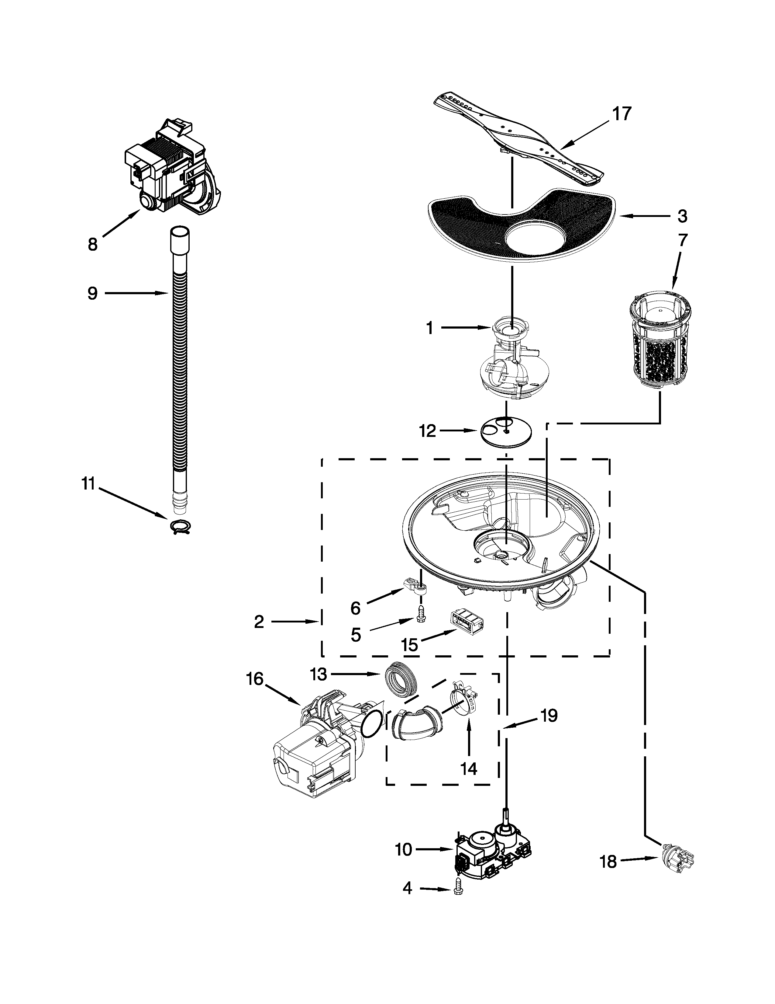 Pump, Washarm And Motor Parts Diagram and Parts List for 66513493N411  Kenmore Dishwasher
