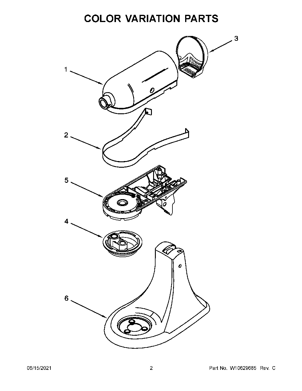 Color Variation Parts Diagram and Parts List for 5KSM150PSDDR0  KitchenAid Mixer