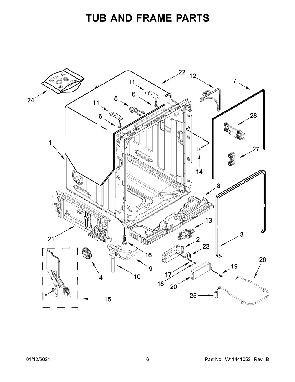Tub And Frame Parts Diagram and Parts List for MDB9959SKZ0  Whirlpool Dishwasher