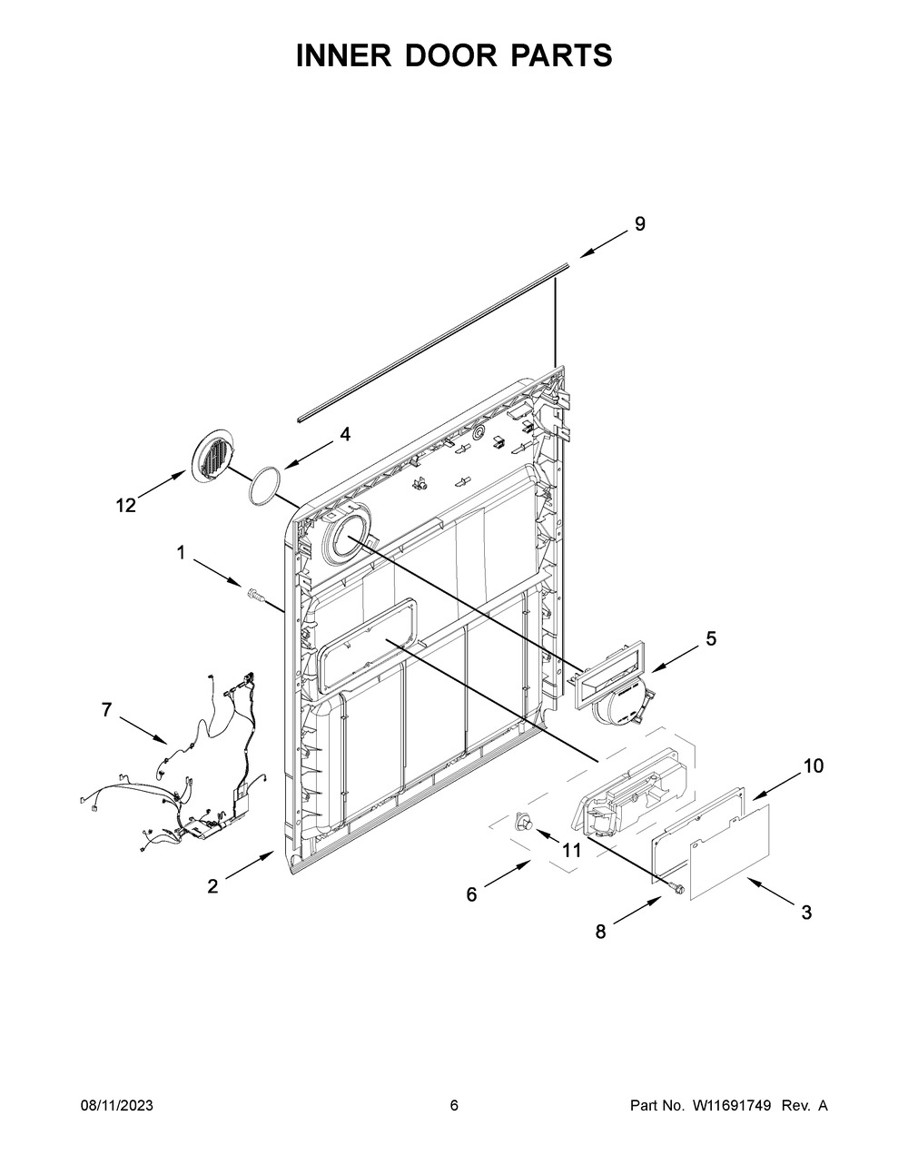 Inner Door Parts Diagram and Parts List for WDF341PAPT0  Whirlpool Dishwasher