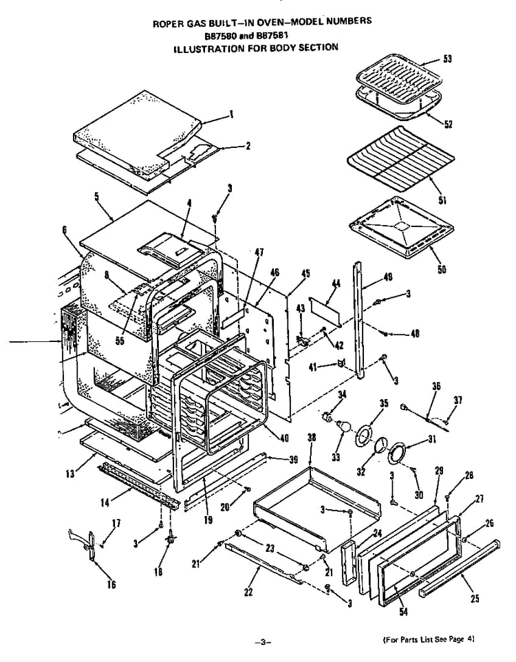 Body Diagram and Parts List for B8758B1  Roper Wall Oven