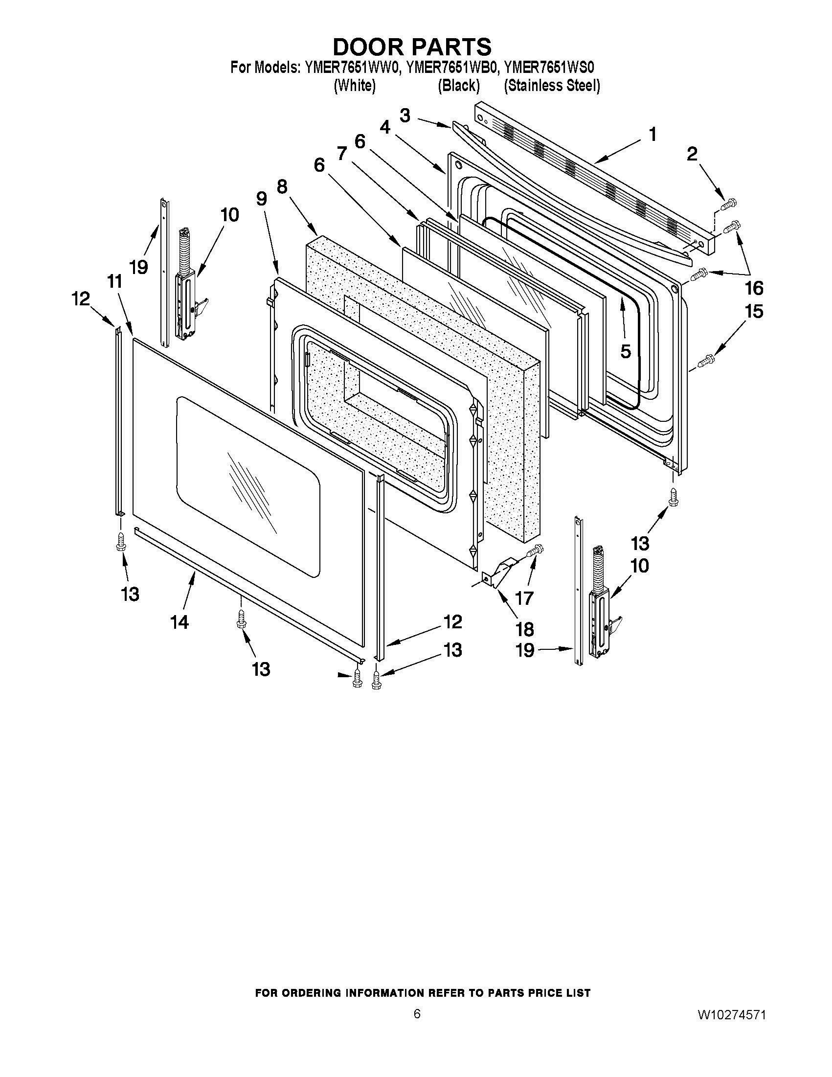 05 - DOOR PARTS Diagram and Parts List for YMER7651WB0  Whirlpool Range