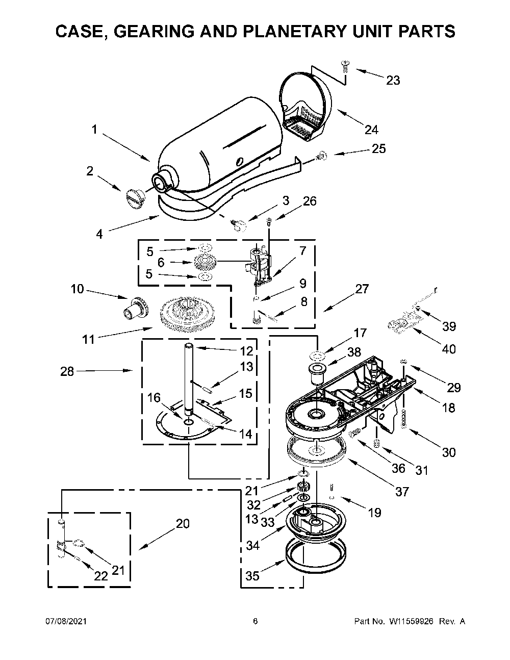 Case, Gearing And Planetary Unit Parts Diagram and Parts List for 5KSM150FBEER4  KitchenAid Mixer