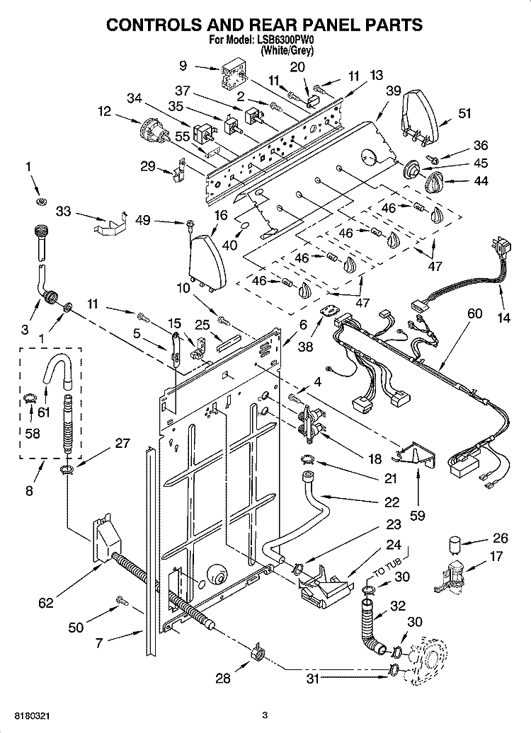 CONTROLS AND REAR PANEL PARTS Diagram and Parts List for LSB6300PW0  Whirlpool Washer