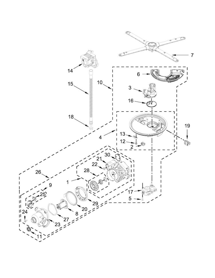 Pump, Washarm And Motor Parts Diagram and Parts List for KDTM354ESS0  KitchenAid Dishwasher