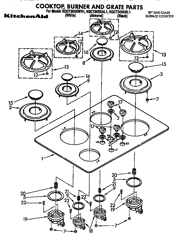 Cooktop, Burner And Grate Diagram and Parts List for KGCG305XAL1  KitchenAid Cooktop
