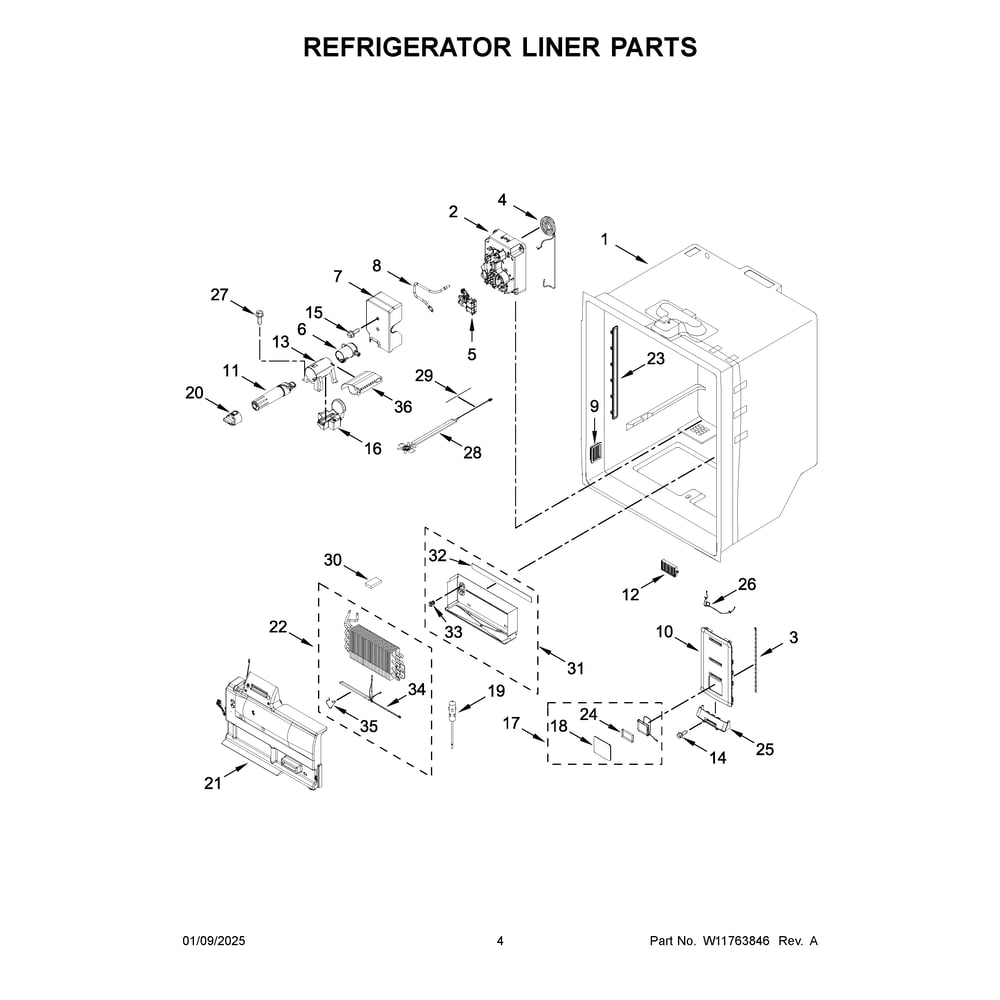Refrigerator Liner Parts Diagram and Parts List for KRFC704FPS07  KitchenAid Refrigerator