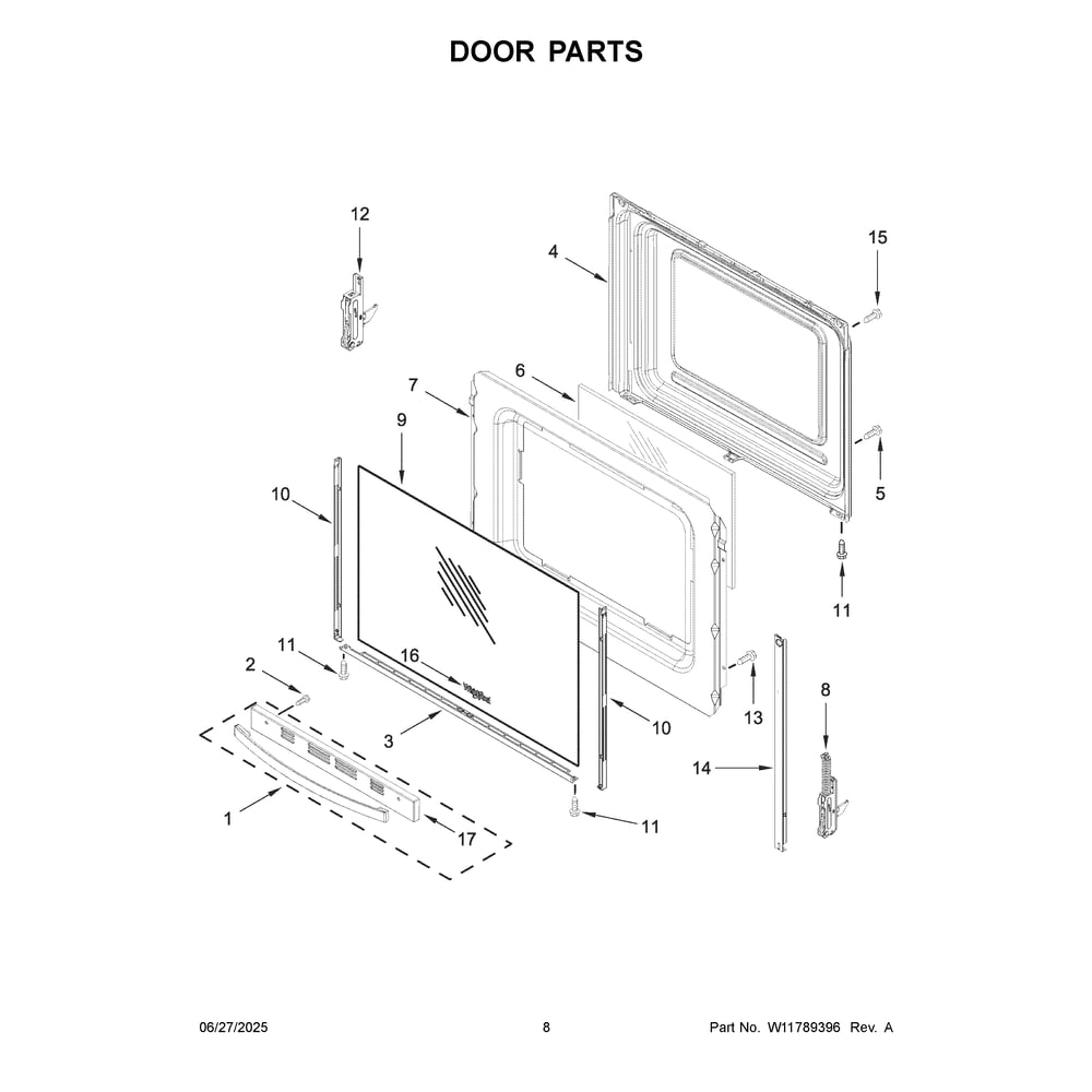 Door Parts Diagram and Parts List for YWFES4530SW0  Whirlpool Range