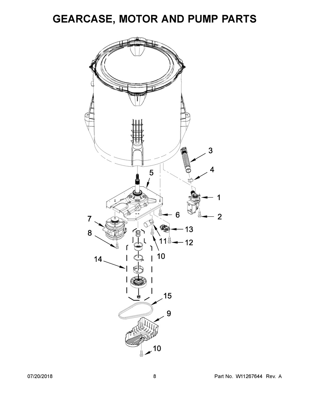 Gearcase, Motor And Pump Parts Diagram and Parts List for ITW4880HW1  Whirlpool Washer