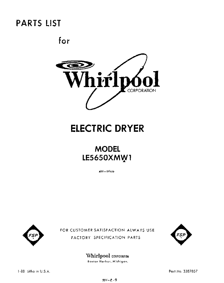 SECTION Diagram and Parts List for LE5650XMW1  Whirlpool Dryer