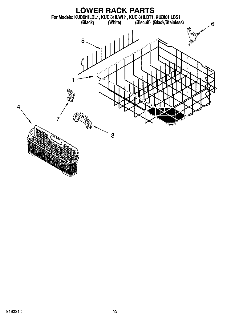 LOWER RACK PARTS Diagram and Parts List for KUDI01ILBS1  KitchenAid Dishwasher