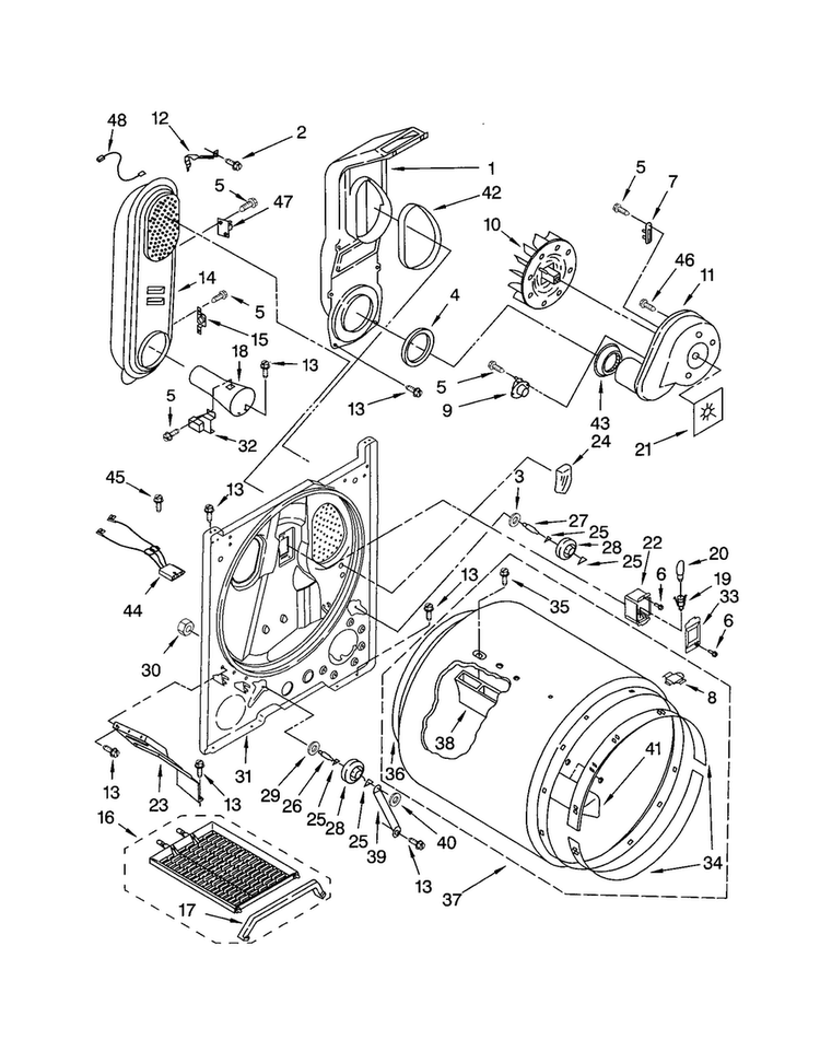 Bulkhead Diagram and Parts List for 7MGGX9868JQ2  Whirlpool Dryer