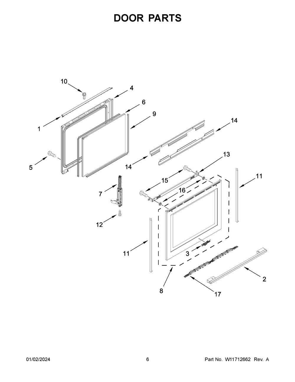 Door Parts Diagram and Parts List for WEEA25H0HZ5  Whirlpool Range