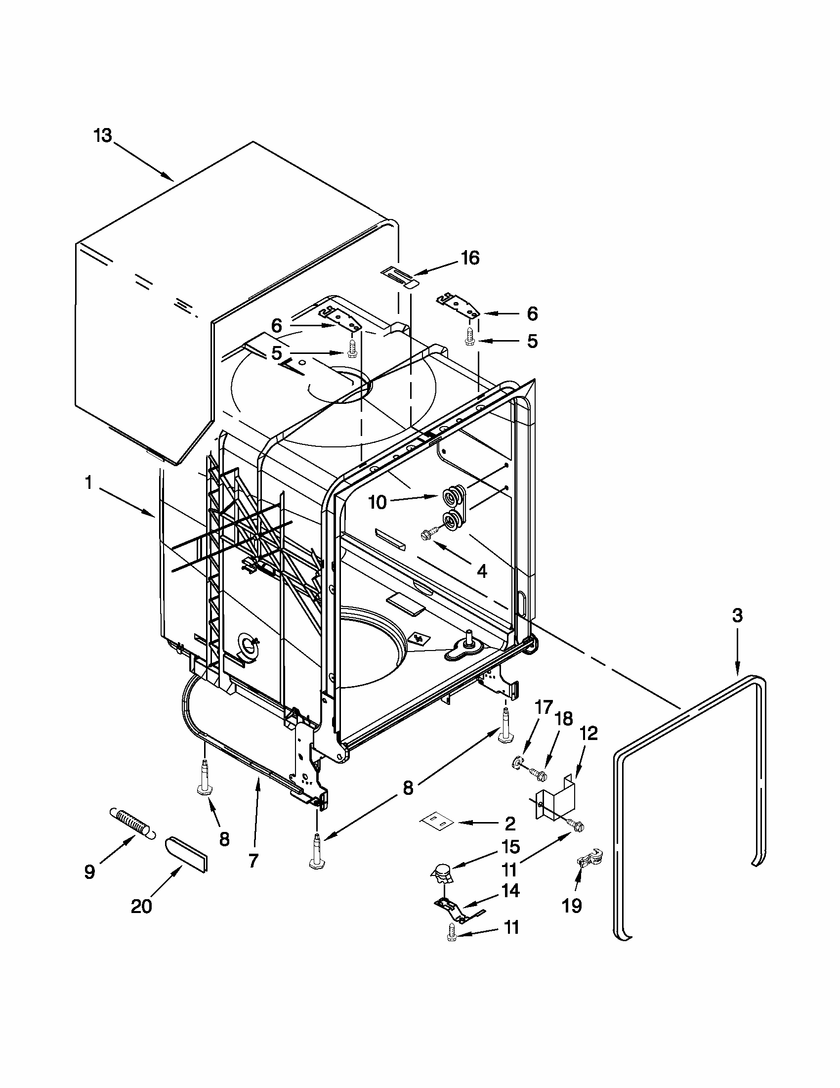 Tub And Frame Parts Diagram and Parts List for 66512093K210  Kenmore Dishwasher