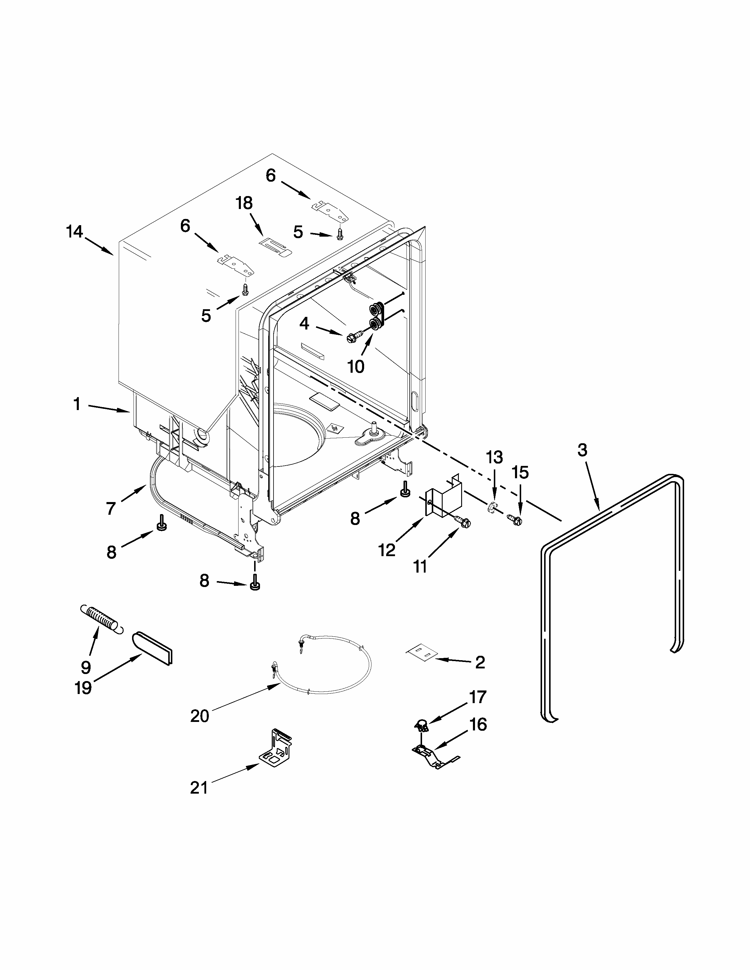 Tub And Frame Parts Diagram and Parts List for 66514319N410  Kenmore Dishwasher