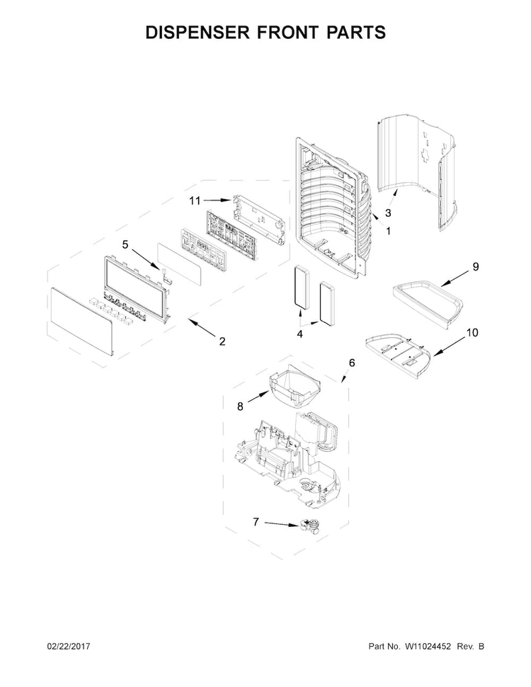 Dispenser Front Parts Diagram and Parts List for WRX735SDBM03  Whirlpool Refrigerator