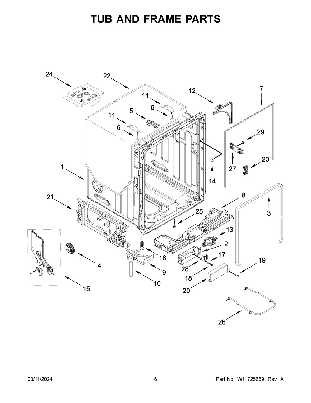 Tub And Frame Parts Diagram and Parts List for WDT750SAKB3  Whirlpool Dishwasher