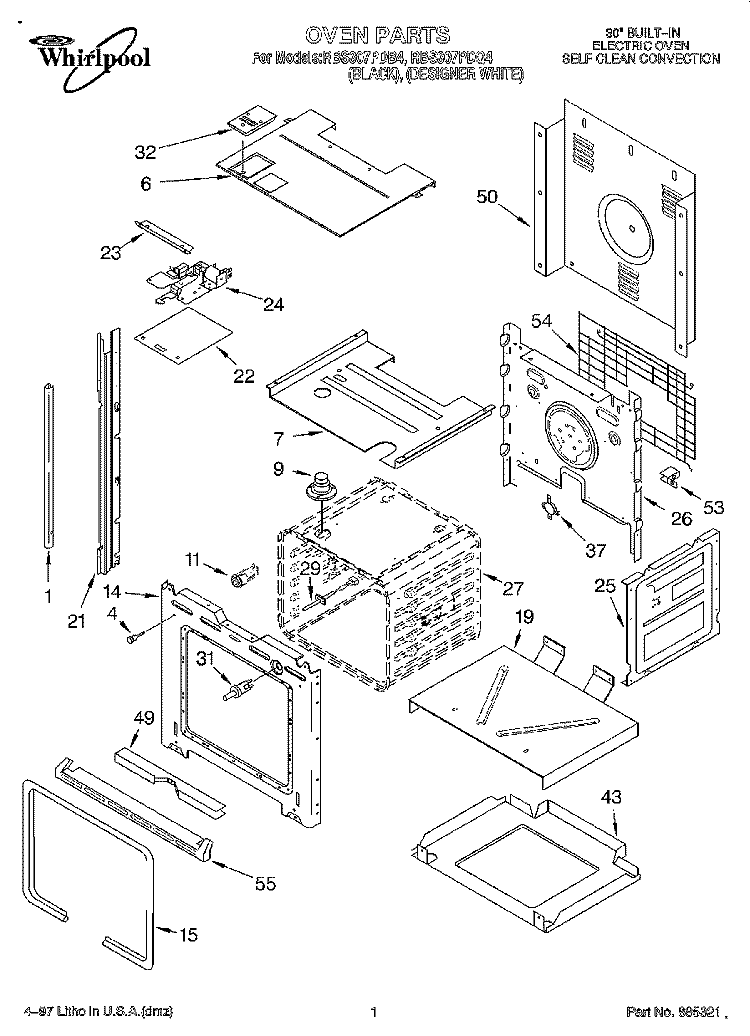 OVEN Diagram and Parts List for RBS307PDQ4  Whirlpool Wall Oven