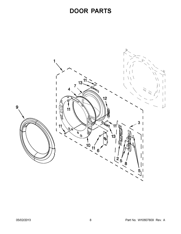 DOOR PARTS Diagram and Parts List for YWED86HEBW0  Whirlpool Dryer