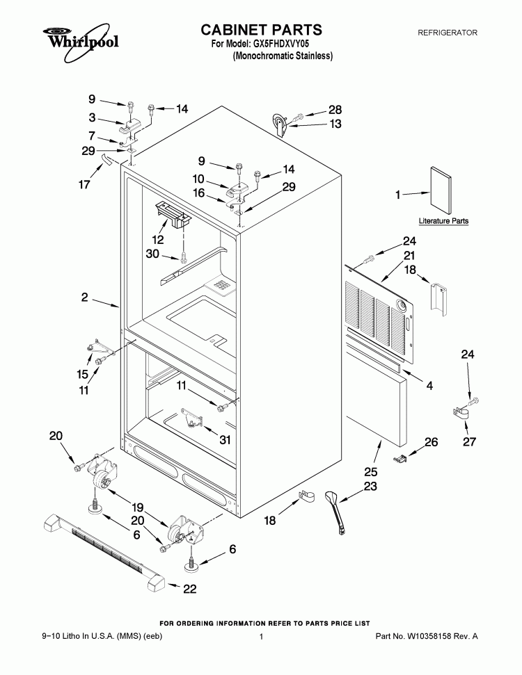 CABINET PARTS Diagram and Parts List for GX5FHDXVY05  Whirlpool Refrigerator