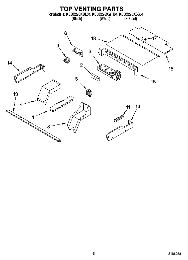 TOP VENTING PARTS, OPTIONAL PARTS Diagram and Parts List for KEBC276KWH04  KitchenAid Wall Oven