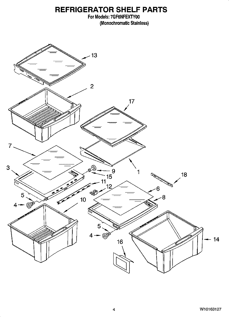 REFRIGERATOR SHELF PARTS Diagram and Parts List for 7GF6NFEXTY00  Whirlpool Refrigerator