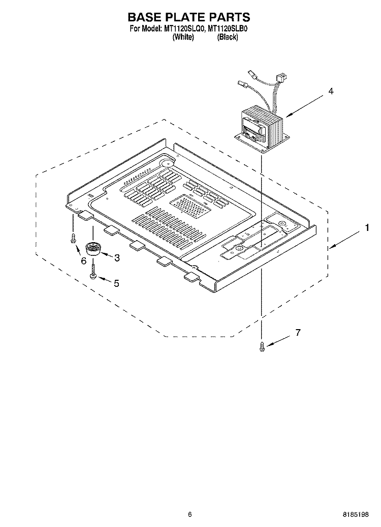 BASE PLATE PARTS Diagram and Parts List for MT1120SLQ0  Whirlpool Microwave