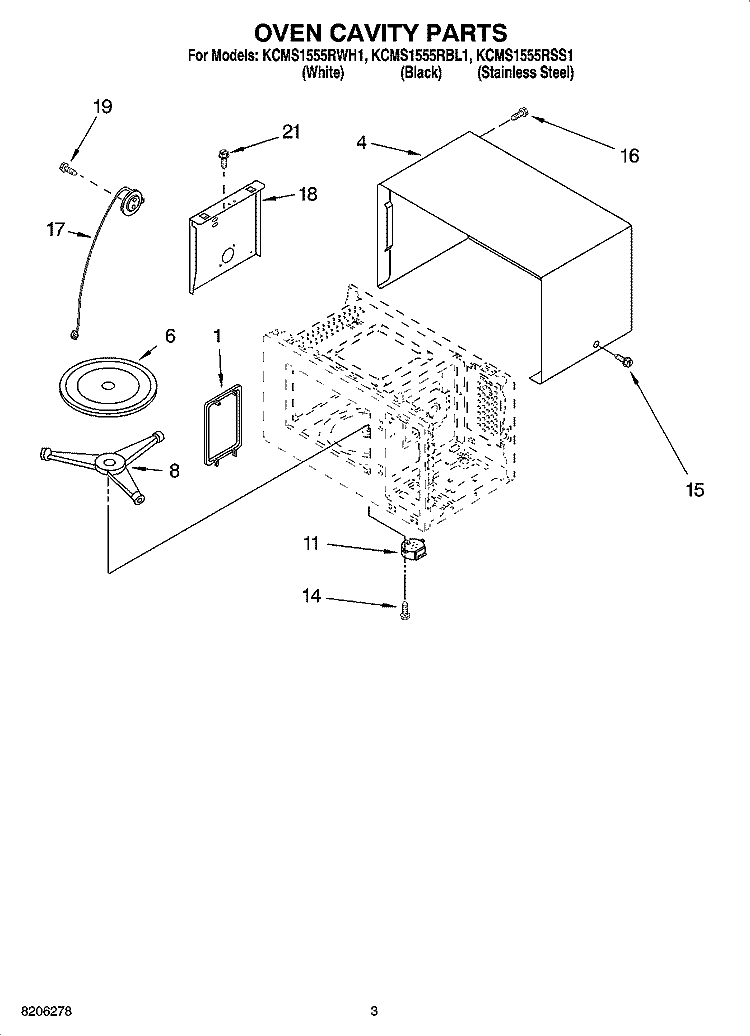 OVEN CAVITY PARTS Diagram and Parts List for KCMS1555RSS1  KitchenAid Microwave