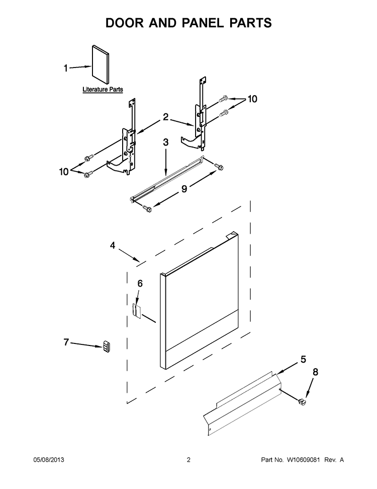 DOOR AND PANEL PARTS Diagram and Parts List for WDP350PAAW2  Whirlpool Dishwasher