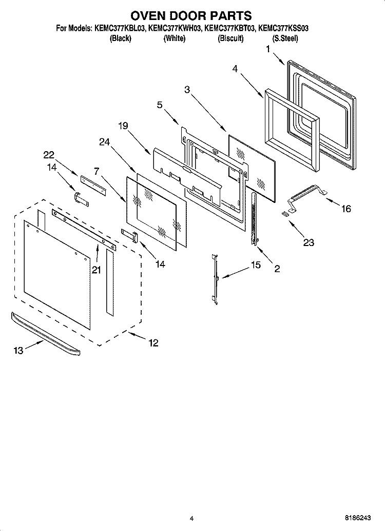 OVEN DOOR PARTS Diagram and Parts List for KEMC377KBL03  KitchenAid Microwave Oven Combo