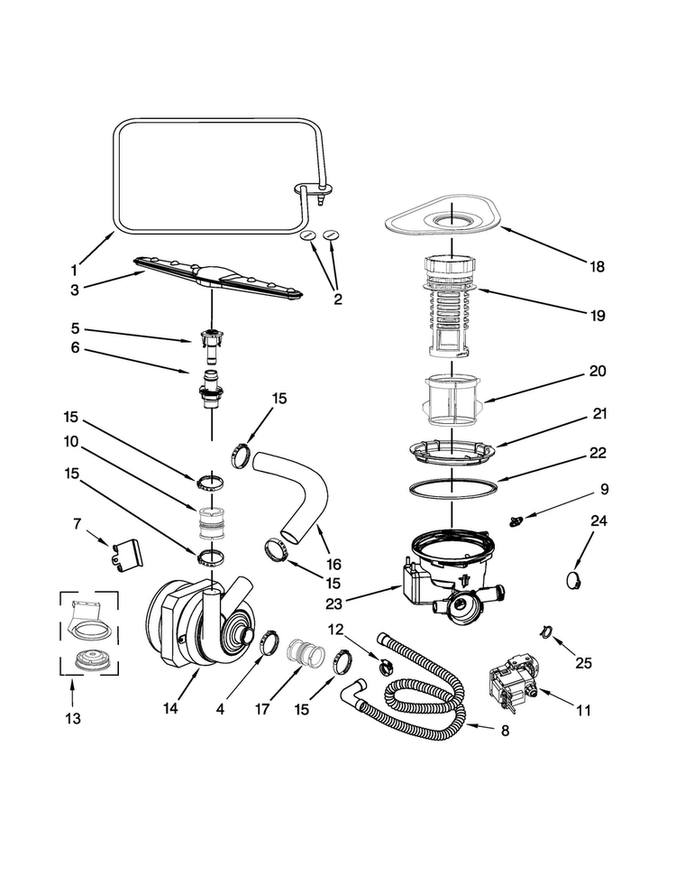 Pump And Sprayarm Parts Diagram and Parts List for UDT555SBDP0  Whirlpool Dishwasher
