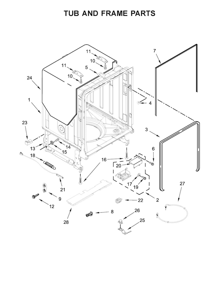 Tub And Frame Parts Diagram and Parts List for KDFE204EBL4  KitchenAid Dishwasher
