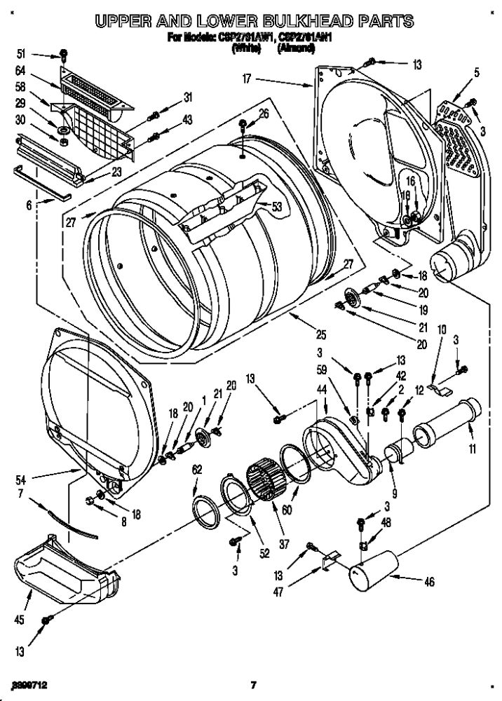 Upper And Lower Bulkhead Diagram and Parts List for CSP2761AN1  Whirlpool Dryer