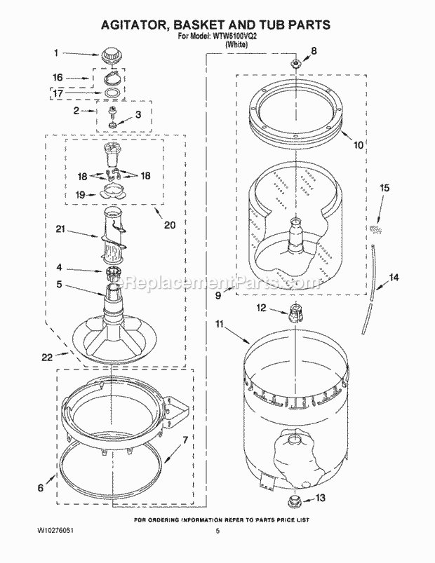 Agitator, Basket And Tub Parts Diagram and Parts List for WTW5100VQ2  Whirlpool Washer