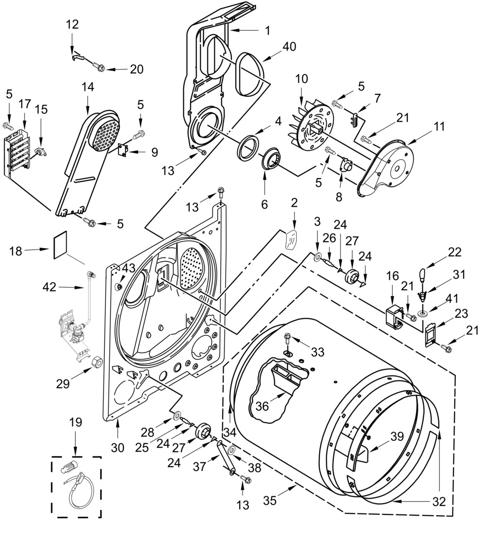 Bulkhead Parts Diagram and Parts List for ZDEW7115RB0  Whirlpool Dryer
