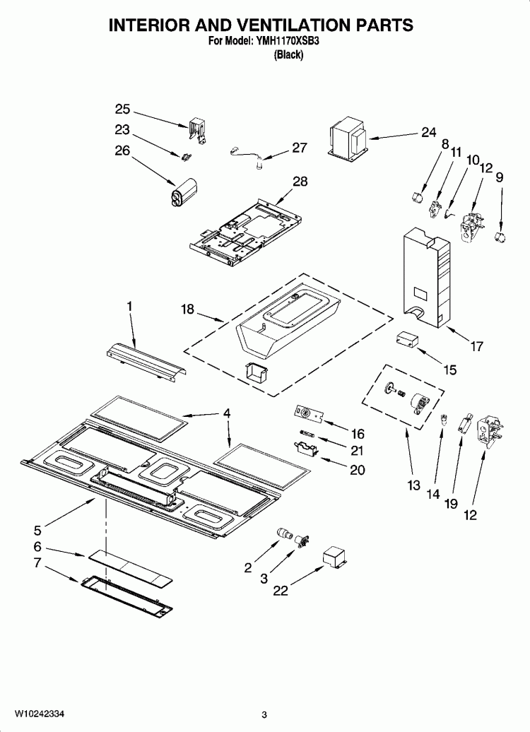 INTERIOR AND VENTILATION PARTS Diagram and Parts List for YMH1170XSB3  Whirlpool Microwave
