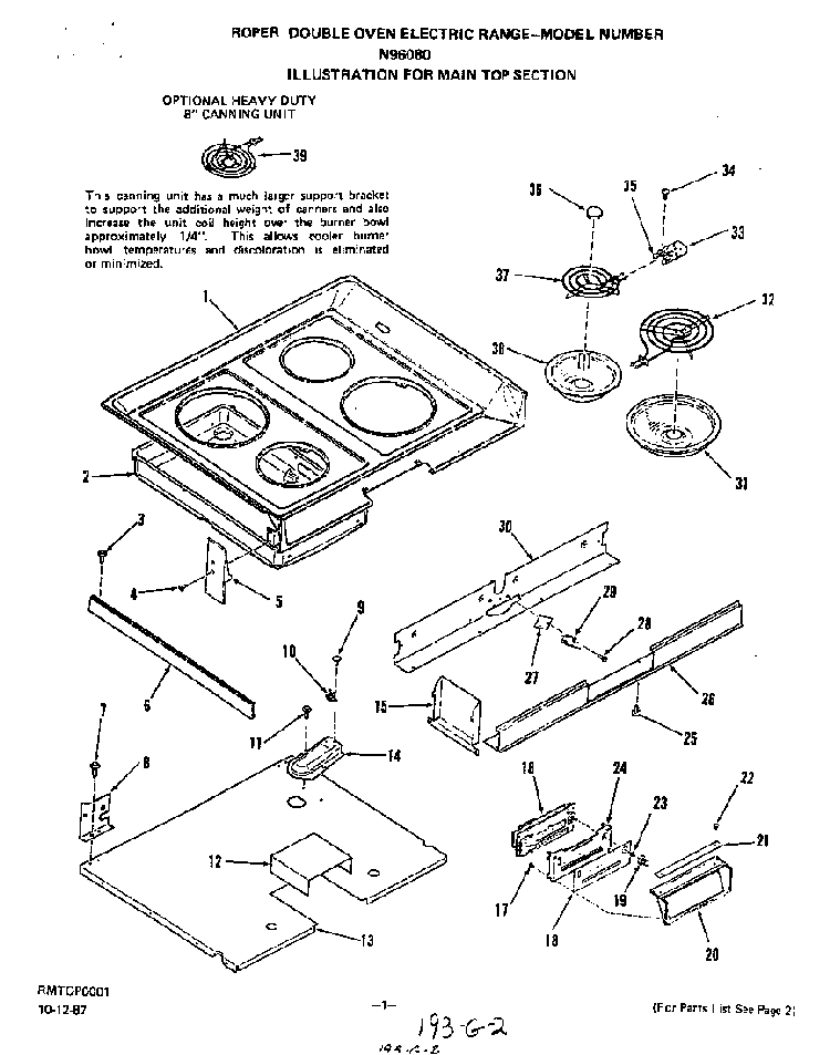 Main Top Diagram and Parts List for N9608*0  Roper Range