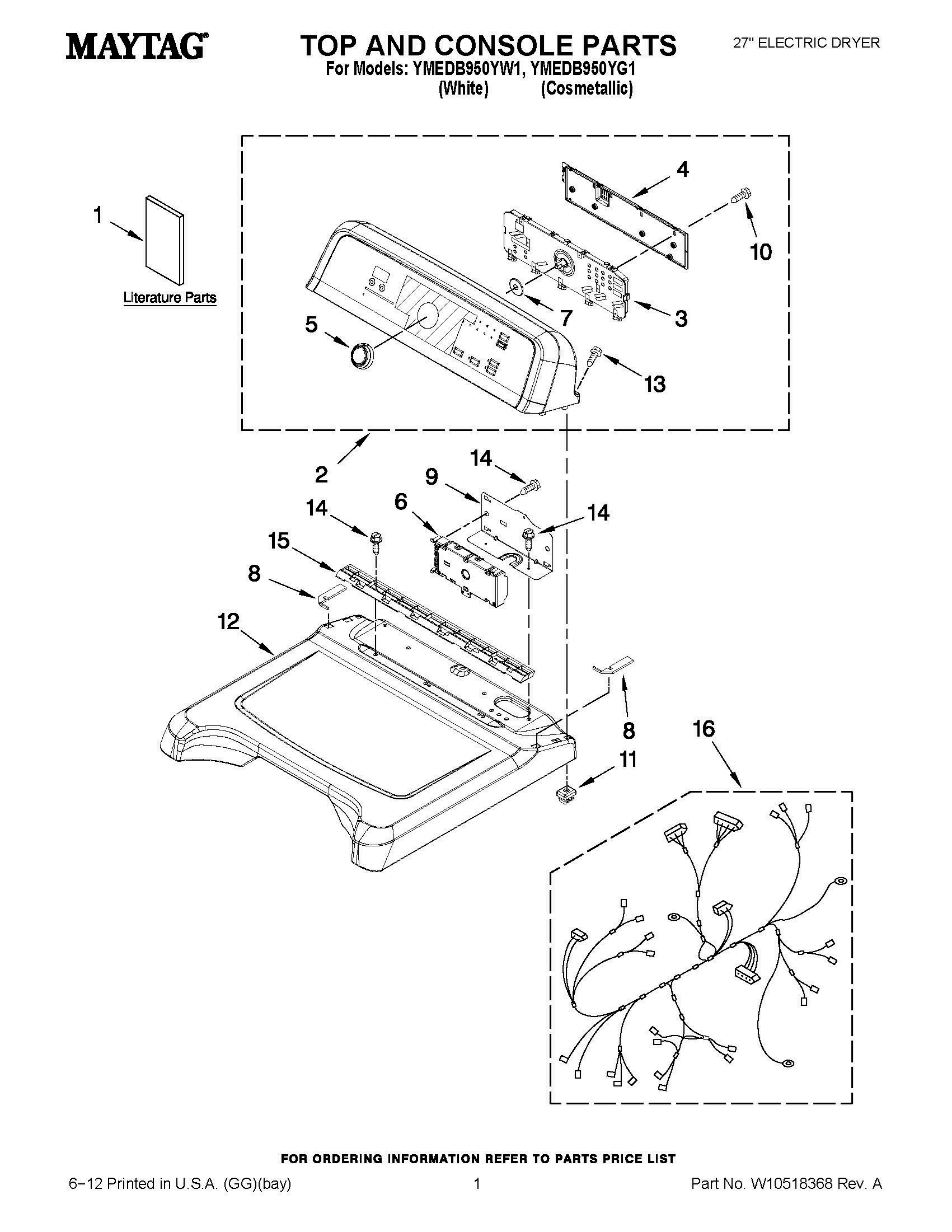 01 - TOP AND CONSOLE PARTS Diagram and Parts List for YMEDB950YW1  Whirlpool Dryer